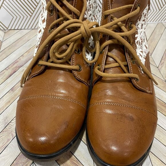 Madden Girl Brown Lace-Up Ankle Boots With White Crochet Details & Buckle Accent - Picture 3 of 6